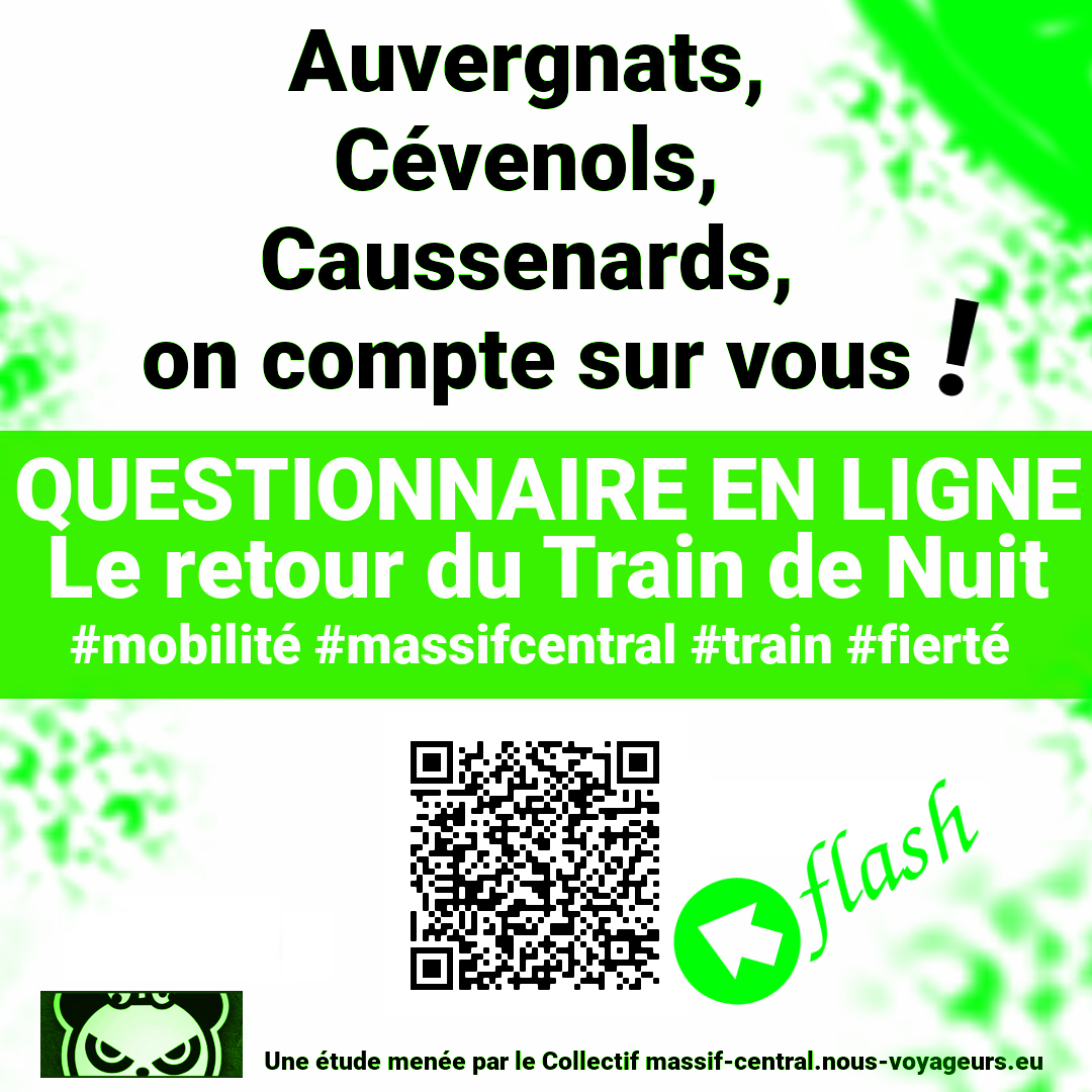 NousVoyageurs's tweet photo. Je souhaite que le Train de nuit revienne dans le Massif central ?
Alors en 30 secondes je dis mes préférences pour une future desserte.
Questionnaire rapide en ligne :
https://t.co/xA0MMdpoLv
#TrainDeNuit
#TDN
#environnement
#Cevennes
#Causses
#Auvergne
#Aubrac https://t.co/UHNM3fAsEU