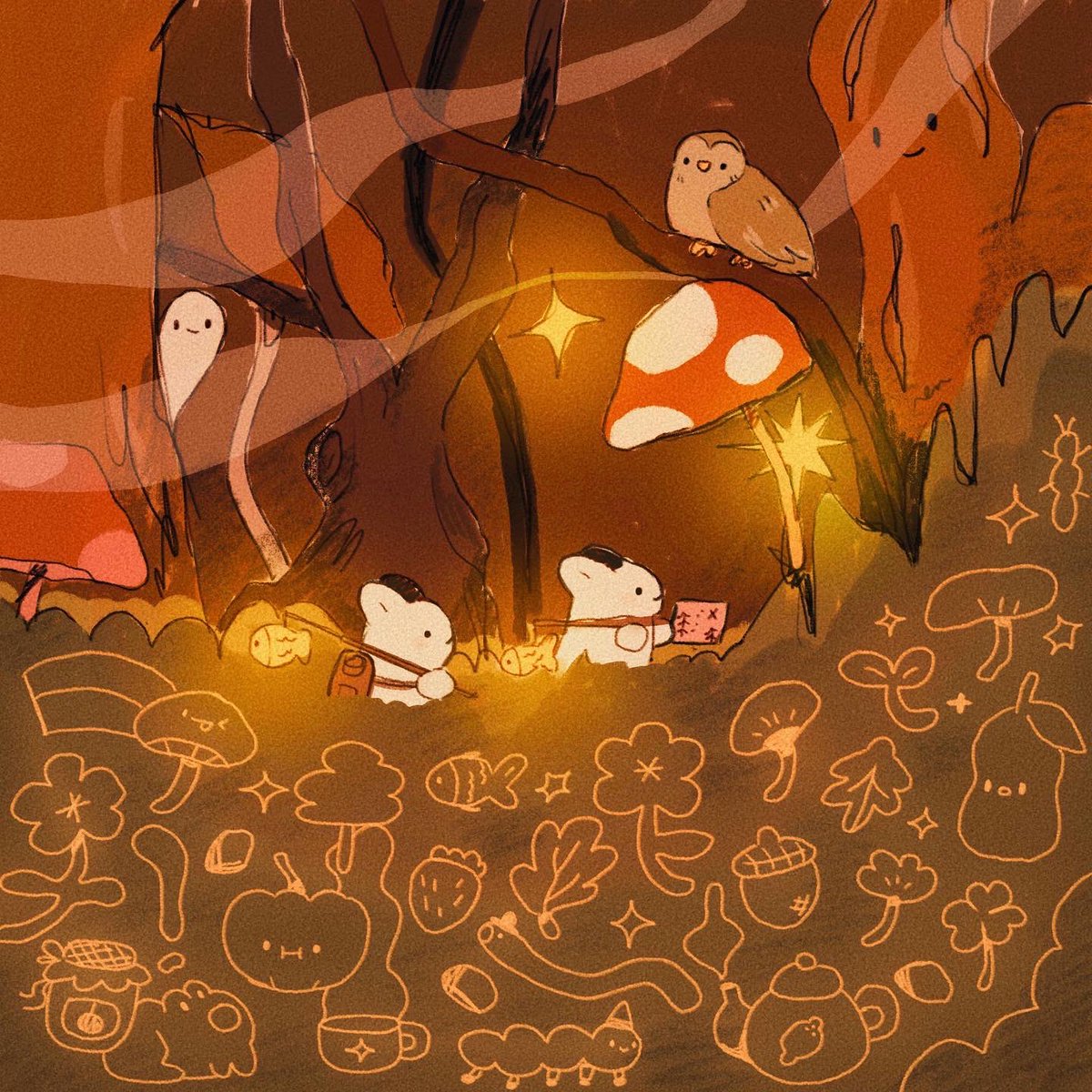 tree no humans outdoors grass lantern mushroom rabbit  illustration images