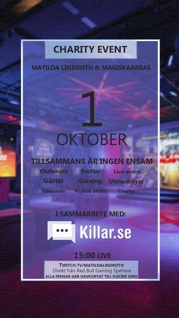 Idag är de den internationella suicidpreventiva dagen.

Är så stolt och glad att göra ett charity event tillsammans med <a href="/matildalindroth/">Matilda Lindroth</a> <3
Vi kommer ha en insamling, grymma gäster och live streama när vi är på plats i Stockholm. 

Tillsammans är ingen ensam <3