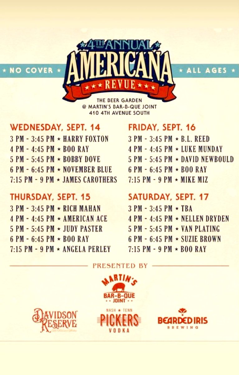 boy howdy what a lineup! See me right after <a href="/NellenDryden/">Nellen Dryden</a> at <a href="/martinsbbq/">MARTIN'S BBQ JOINT</a> Sat 9/17/22 —for the last night of <a href="/Boocooray/">Boo Ray</a>’s 4th Annual Americana Revue 📸 <a href="/nashvillenoise/">Nashville Noise</a>