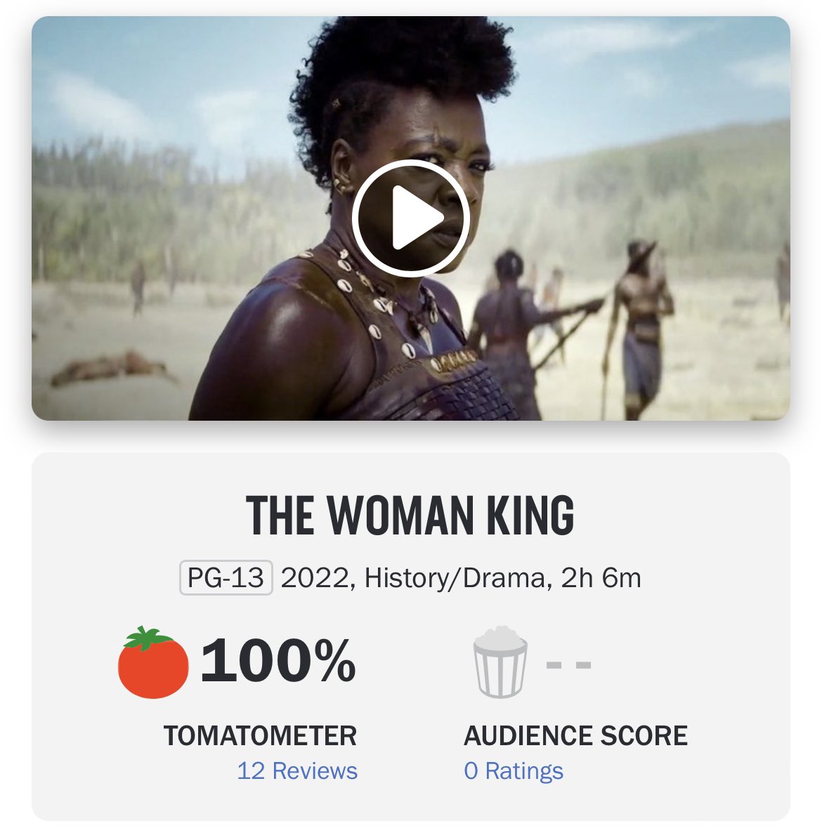 #TheWomanKing  starring Viola Davis debuts with a perfect score of 100% on Rotten Tomatoes.