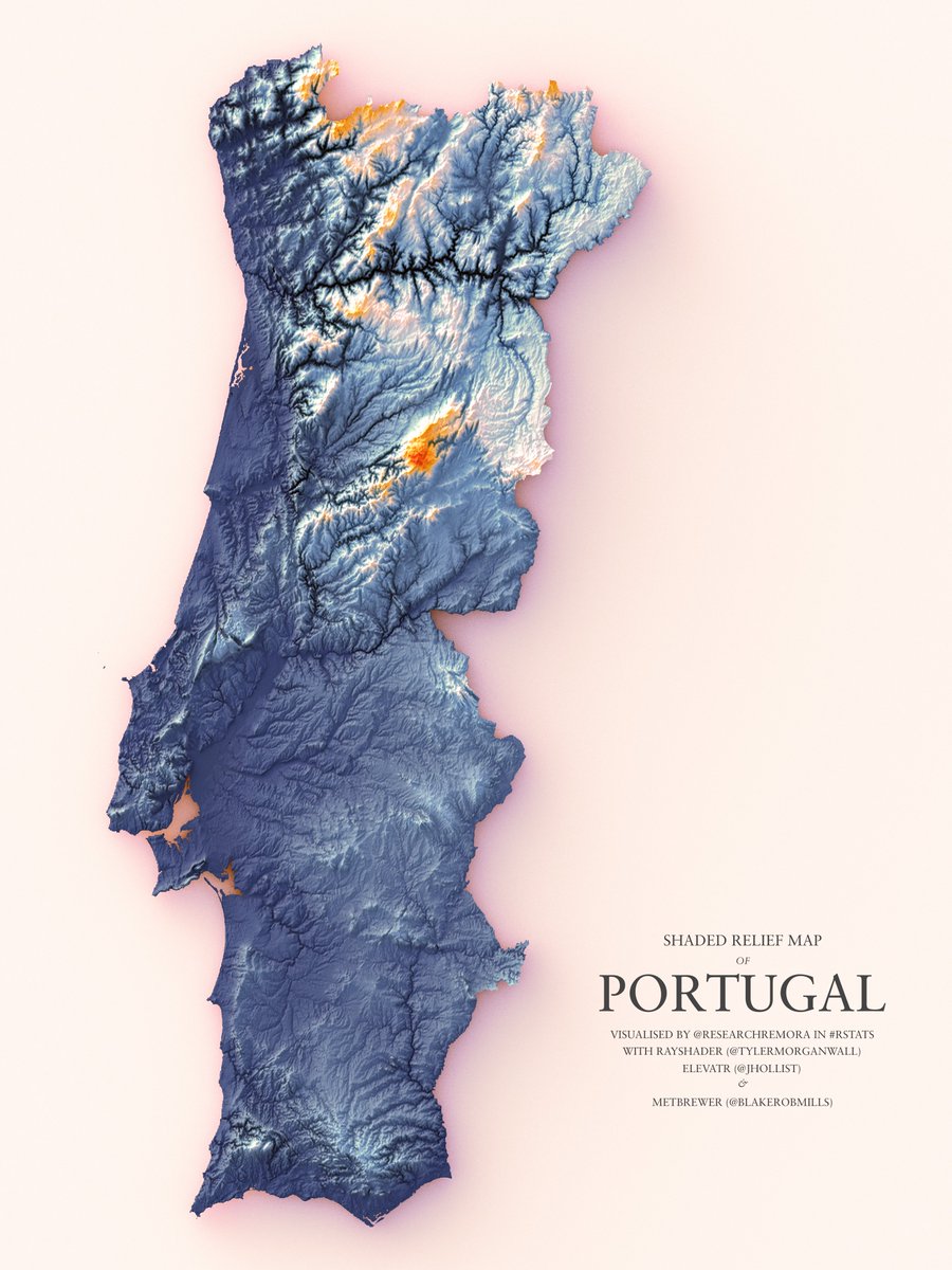 A shaded relief map of Portugal, minus Madeira and the Azores.

#rayshader adventures, an #rstats tale