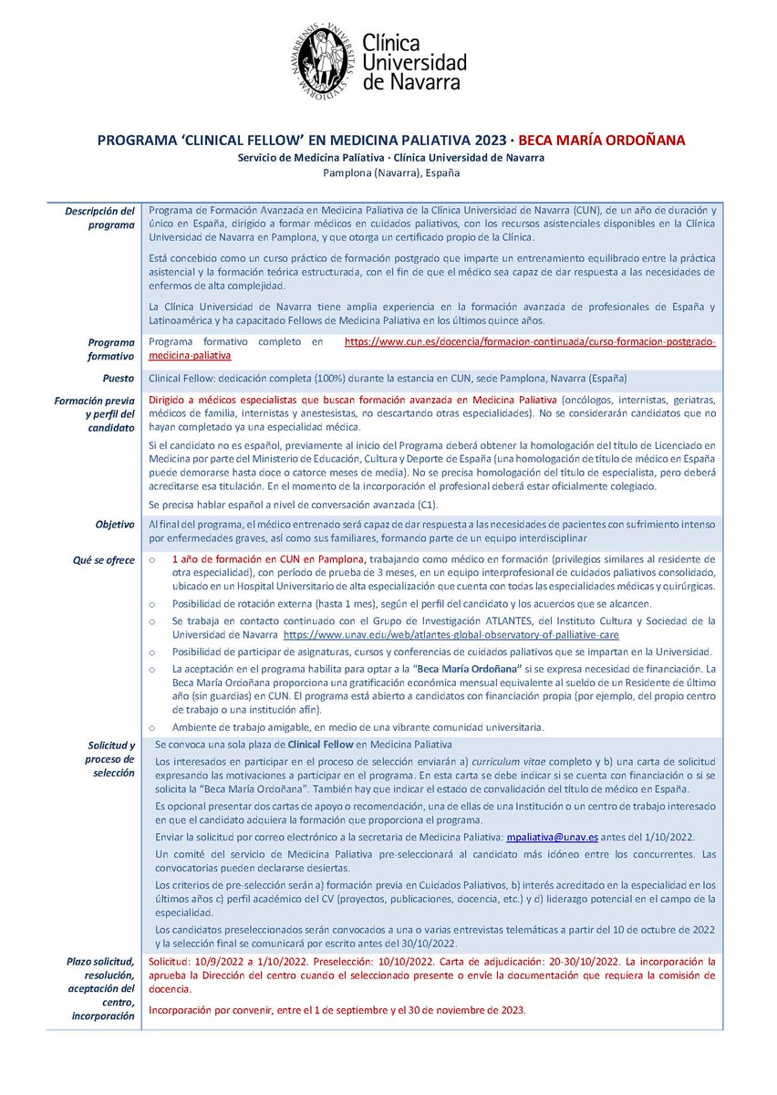 📢 💁💁‍♀️💁‍♂️ Se convoca hoy❗️el PROGRAMA ‘CLINICAL FELLOW’ EN MEDICINA PALIATIVA 2023 · BECA MARÍA ORDOÑANA 🎓del Servicio de Medicina Paliativa <a href="/ClinicaNavarra/">Clínica Universidad de Navarra</a> <a href="/unav/">Universidad de Navarra</a>. 🟥Plazo de solicitud 🖋️: hasta 30/09/2022 🧐