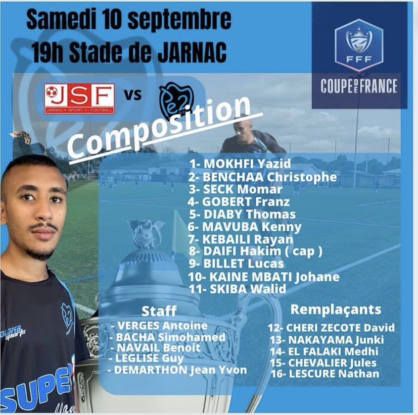 La composition de l’équipe du FCPE2M à Jarnac. Début du match à 19 h #CoupedeFrance 🏆🇫🇷. Allez Les Portes ⚽️🖤💙 !