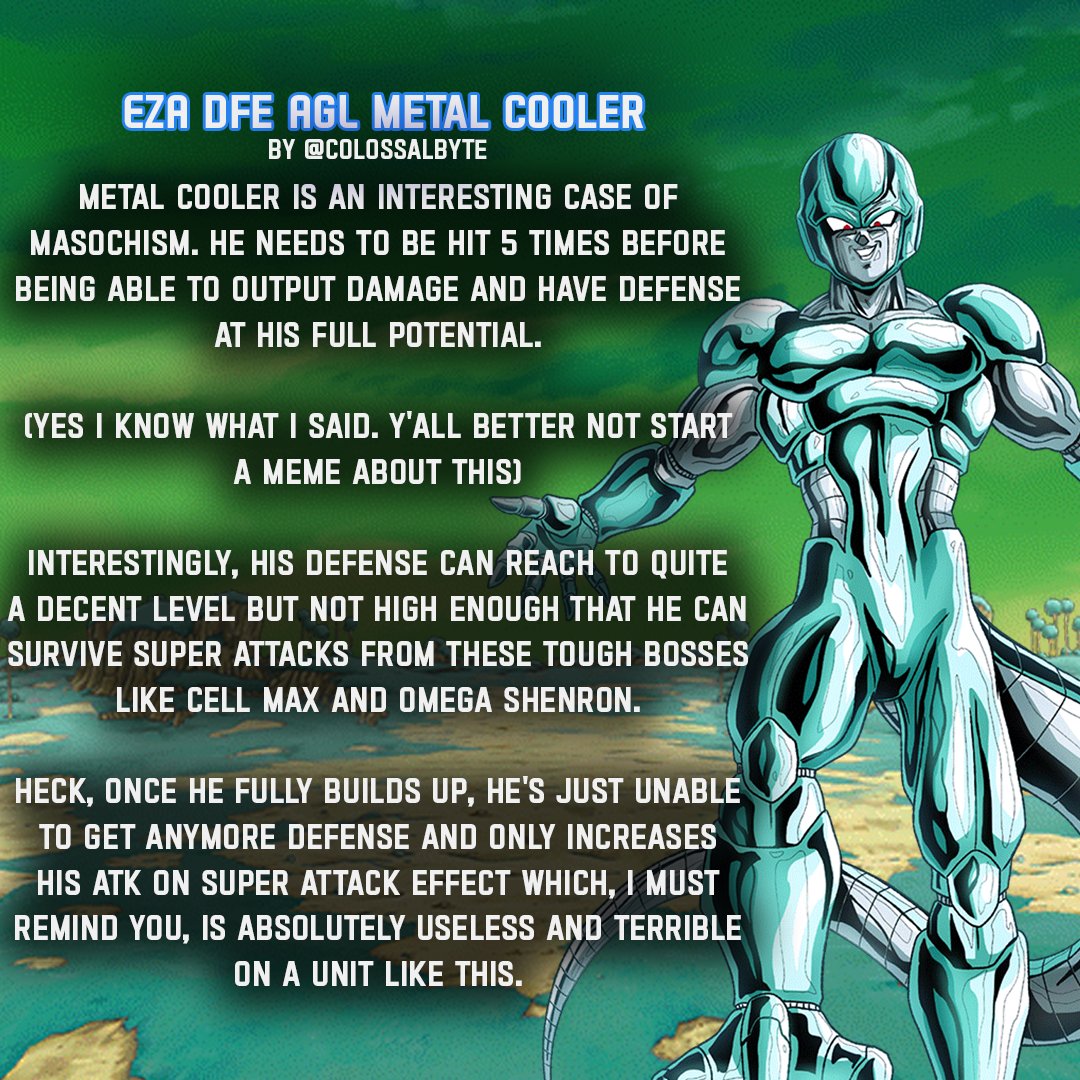CollosalbyteG's tweet photo. EZA DFE AGL Metal Cooler's team guide
#dragonballlegends #dokkanbattle #dokkanbattlez #dragonballz #dragonballsuper #dokkantips https://t.co/c69ae9SJNb