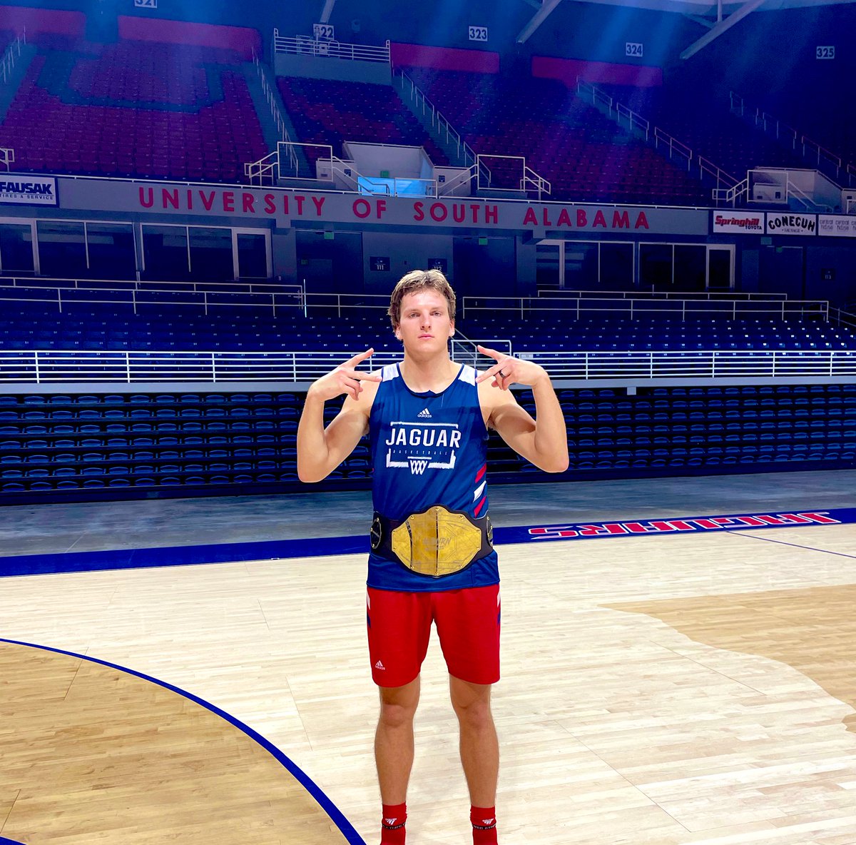 SouthAlabamaMBB's tweet photo. This Week’s Belt Winner: @owenwhite_22 

#Back2Back 
#BurnTheBoats 🔥🔥🚤🚤 https://t.co/aeVVKh1RAj