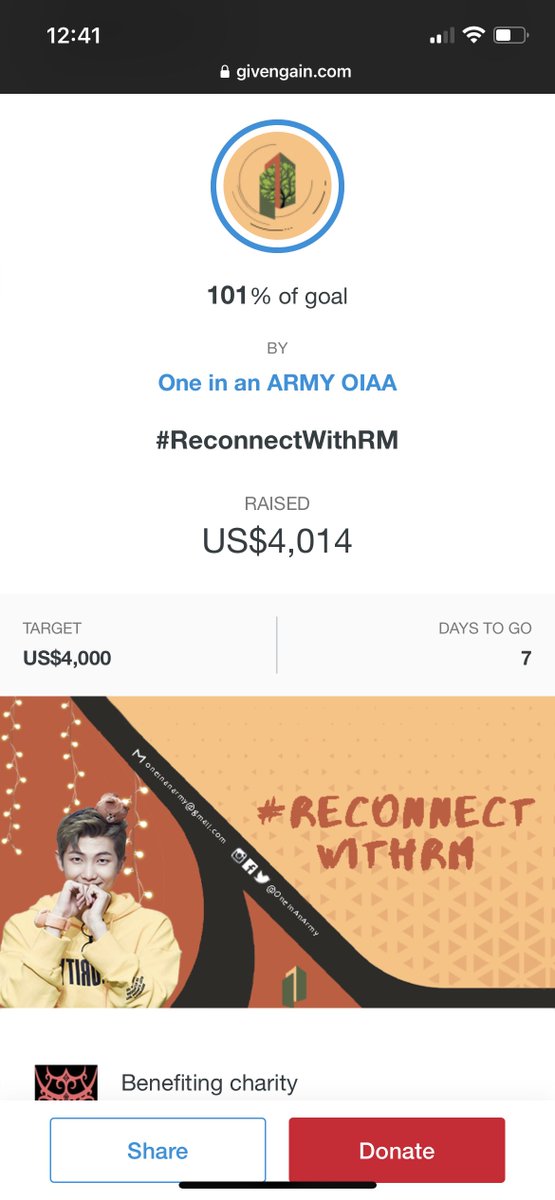 AureliaOT7's tweet photo. @OneInAnARMY @BTS_twt @SUKUMENTAWAI My donation took to over the goal!! YAYYY

Another wonderful organisation chose by @OneInAnARMY thank you so much

Hope much can be done through #ReconnectWithRM 💜🐨 https://t.co/nBfNuEkoSR