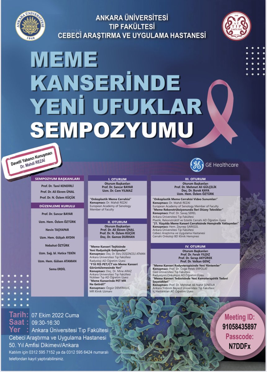 Bu yıl 7 Ekimde Ankara üniversitesi Tıp Fakültesi Cebeci hastanesinde yapacağımız meme kanseri sempozyumunu Almanya’dan Dr Mahdi Rezai hoca onurlandıracak. Onkoplastik meme cerrahisi ile uğraşan meslektaşlarımıza duyurulur