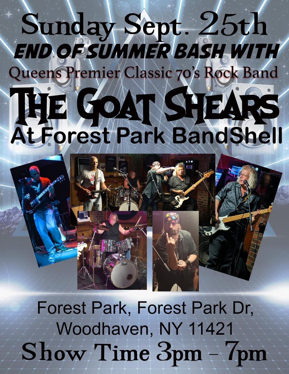 MusicRealm's tweet photo. Sunday September 25th 3pm my band The Goat Shears will be at Forest Park Bandshell in Queens NY #forestparkbandshell #concerts #classicrock #thegoatshears #RockAndRoll @StevieSalas @StevenSchirripa @StevieVanZandt https://t.co/rArUr3v4ok