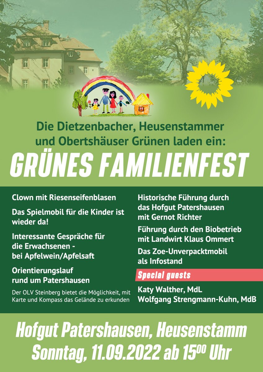 REMINDER💡:
Morgen📅 GRÜNES🌻 FAMILIENFEST 
11.09.2022 15:00 Uhr Hofgut Patershausen #Dietzenbach
Das Wetter wird rechtzeitig gut dafür🌞, und wir wollen zusammen mit den GRÜNEN #Heusenstamm und #Obertshausen wieder unser Familienfest feiern – herzliche Einladung...
🧵1/3