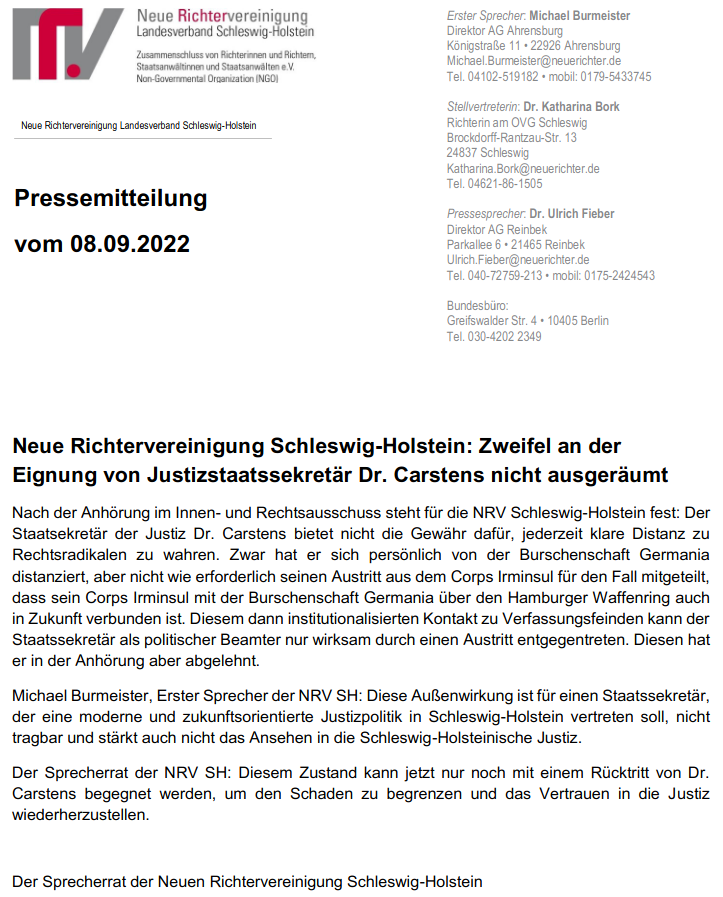 AfaNord's tweet photo. Die Neue Richtervereinigung forderte den Rücktritt. #NoCDU-Ministerpräsident Daniel Günther bekundete kein Interesse an der Debatte um Carstens Nähe zu rechtsradikalen Verbindungen und neofaschistischen Burschenschaften. 2/4

#Corpsgeist #NoNazis #GüntherRücktritt #Justizskandal https://t.co/vvHipxSfx7