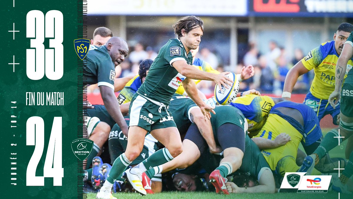 SectionPaloise's tweet photo. Après avoir livré un gros combat, la Section s’incline 33-24 à Clermont.

Rendez-vous samedi prochain pour la réception de Toulouse !
#ASMSP #TOP14 #HonhaSection https://t.co/XyMa7TYCzo