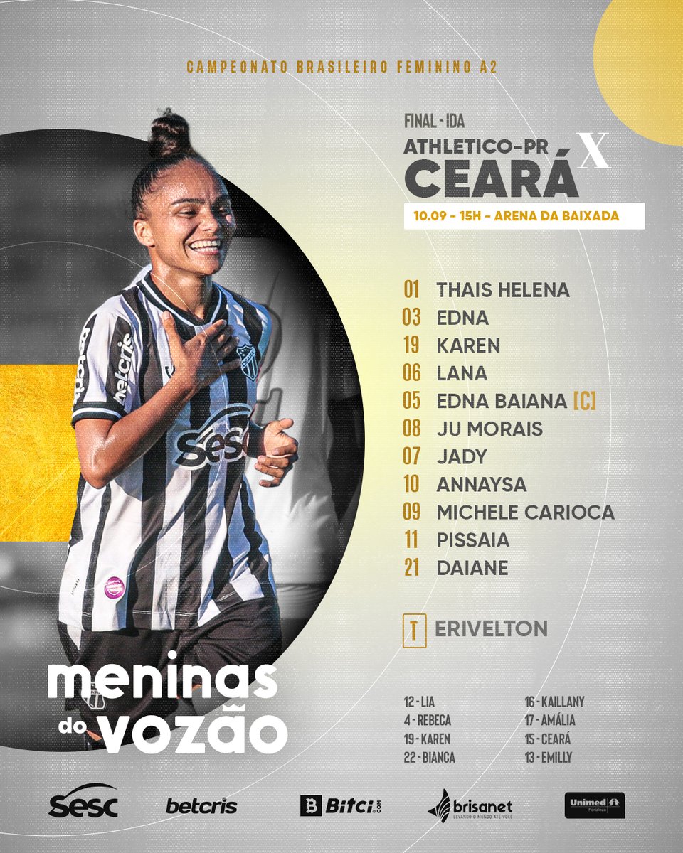 MeninasdoVozao's tweet photo. Meninas escaladas para o jogo de ida da final do #BrasileirãoFemininoA2! PRA CIMA!🏁
📺 Assista ao jogo: https://t.co/4YzlEjKB9Z
#CearáSC #MeninasdoVozão #CAPxCSC https://t.co/6S5IoSbxAn