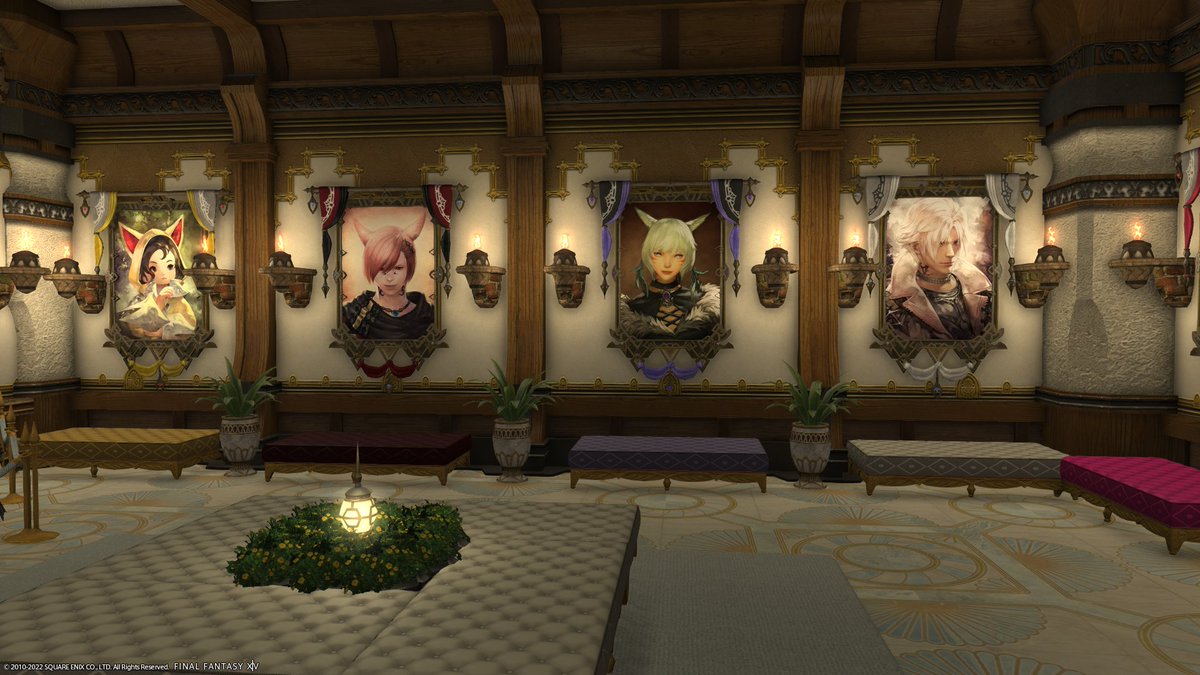 zoezazu's tweet photo. Haven't been able to win a house so decorated my apartment as a museum to honor the Scions &amp; our friends who have helped us along the way. Open to visitors if anyone would like to stop by! It is on Faerie, Topmast apartments in the Mist Ward 6, wing 2, room #9. #ffxivhousing https://t.co/Xz0RmYiJv3