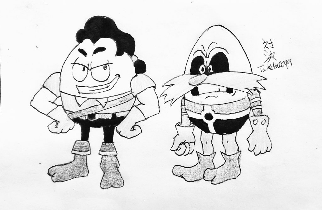 Gastón y Robotnik convertidos en huevos. 🥚🍳

#huevocartoon #traditionalart
