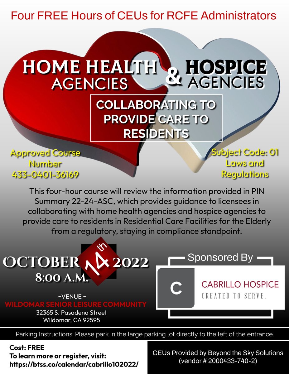 BTSSLeader's tweet photo. Hello Southern California RCFE administrators,
Cabrillo Hospice is sponsoring this course for 4 hours of regulation CEUs. Please register at link https://t.co/DgMtOsG92P
#hospice #hospicecare #endoflifecare https://t.co/l3iNS8yX3a