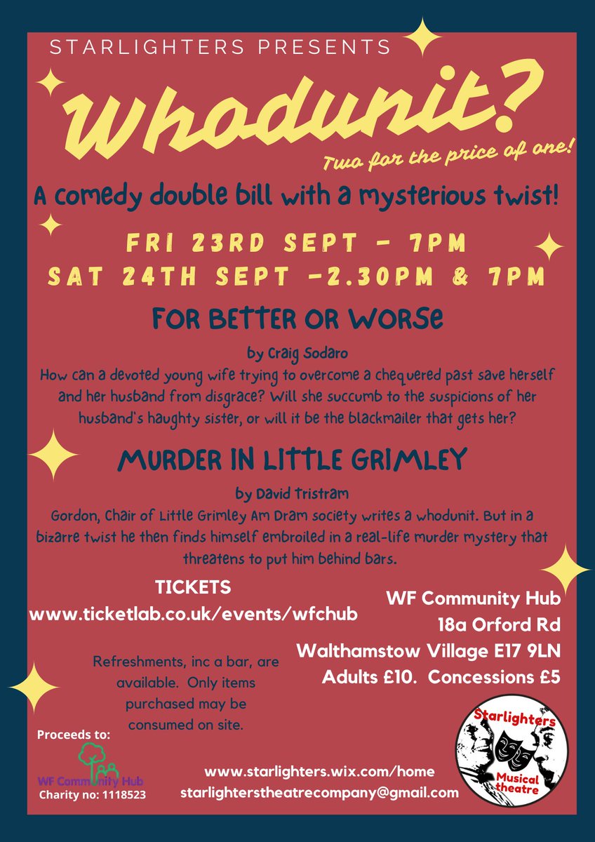 Starlighters are putting on a show to raise money for isolated seniors in the borough of Waltham Forest. Get ready for a comedy double bill with a mysterious twist! Tickets are now available at ticketlab.co.uk/events/wfchub #charity #community #theatre