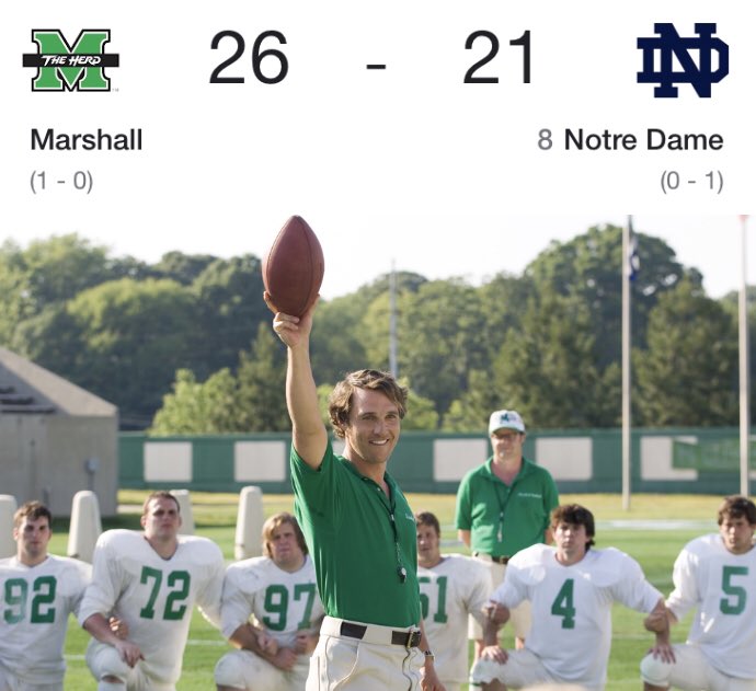 Pickswise's tweet photo. WE ARE MARSHALL 😤

THUNDERING HERD (+1000 ML) PULL OFF THE UPSET OVER NO. 8 NOTRE DAME 🤯 https://t.co/J6qJRAEDbL