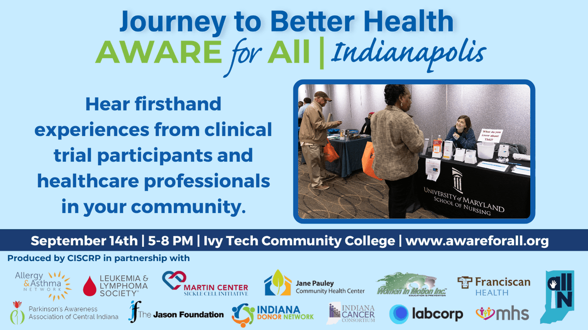 beAllIN4Health's tweet photo. Join us this September at @CISCRP's #AWAREforAllIndy community event. Hear personal stories from clinical study participants and he... https://t.co/VM6voVwLU7
#AllINforHealth #patientdiversity #AWAREforAll #AWAREforAllIndy #ciscrp #clinicalresearch #clinicaltrials #medicalheroes https://t.co/xmIwu7EhDJ