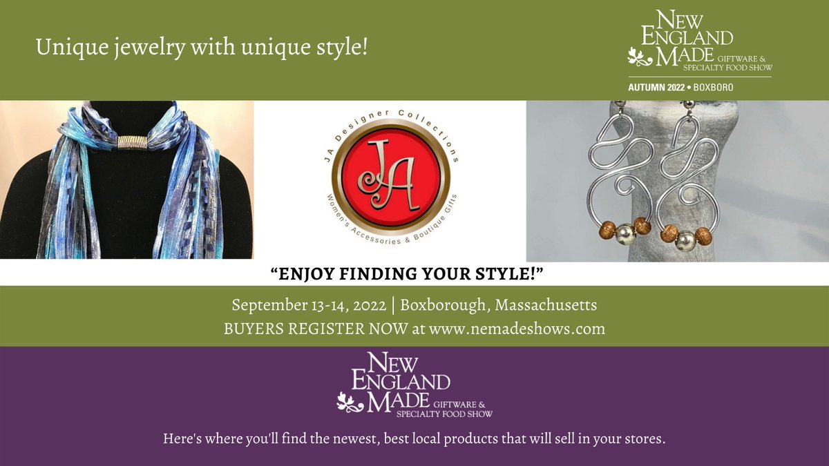 NEmadeshows's tweet photo. Don't miss JA Designer Collections &amp; their gorgeous jewelry on September 13-14, 2022 at this years New England Made Giftware &amp; Specialty Food Show in Boxborough, Massachusetts. For more information visit https://t.co/WZeWmFx6Yr &amp; register today! #nemadeshows #nemade https://t.co/VptpYGKmjv