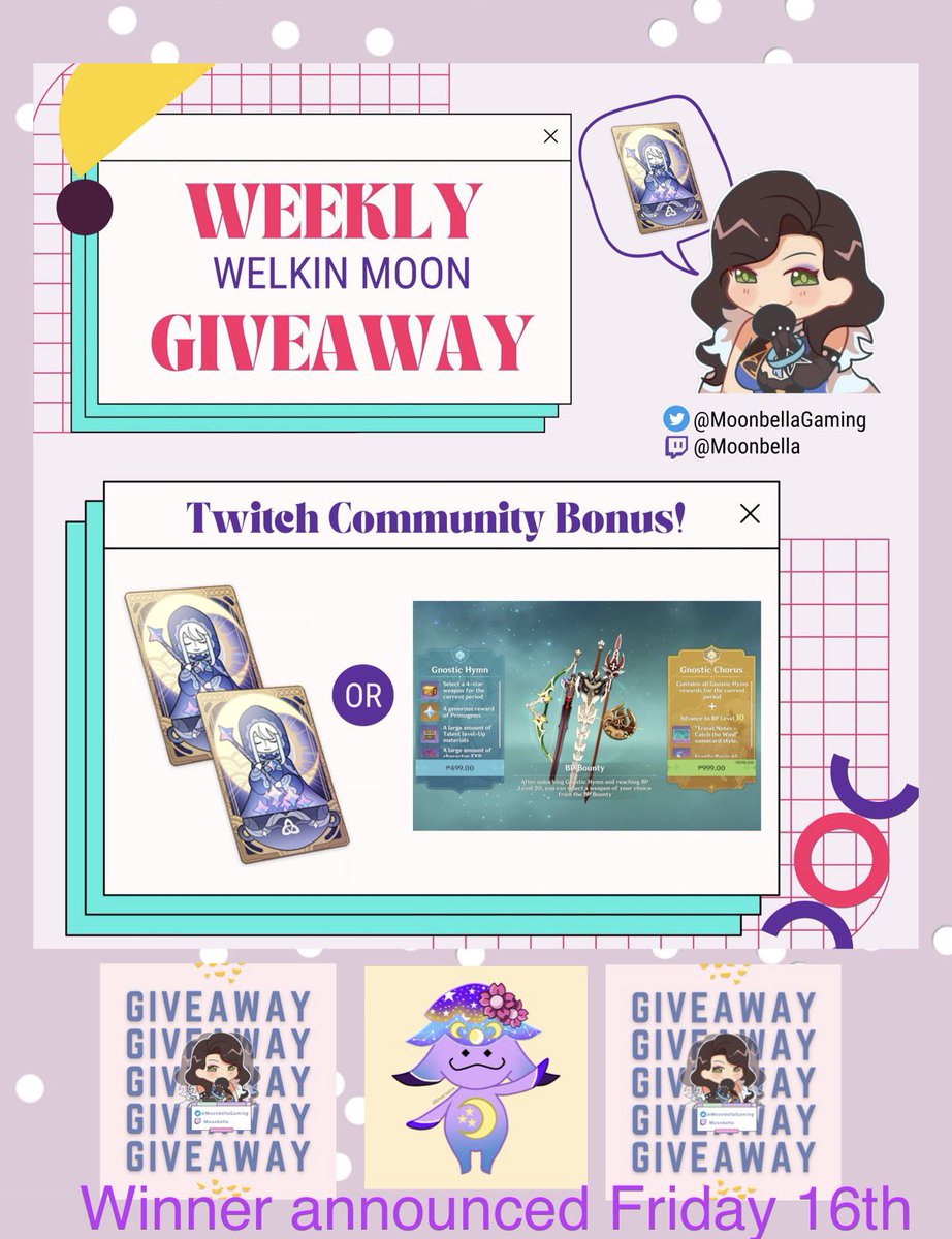 MoonbellaGaming's tweet photo. Weekly Welkin Moon 

Twitch community Bonus:
Prize upgrade 
X2 Welkin or Battle pass
If you win &amp; follow my Twitch 
https://t.co/Rzll49SFhz

💕like
💕re tweet 
💕follow
💕optional comment
You end up stranded on a deserted island 🏝 which Genshin character are you stranded with? https://t.co/PViExlfntP
