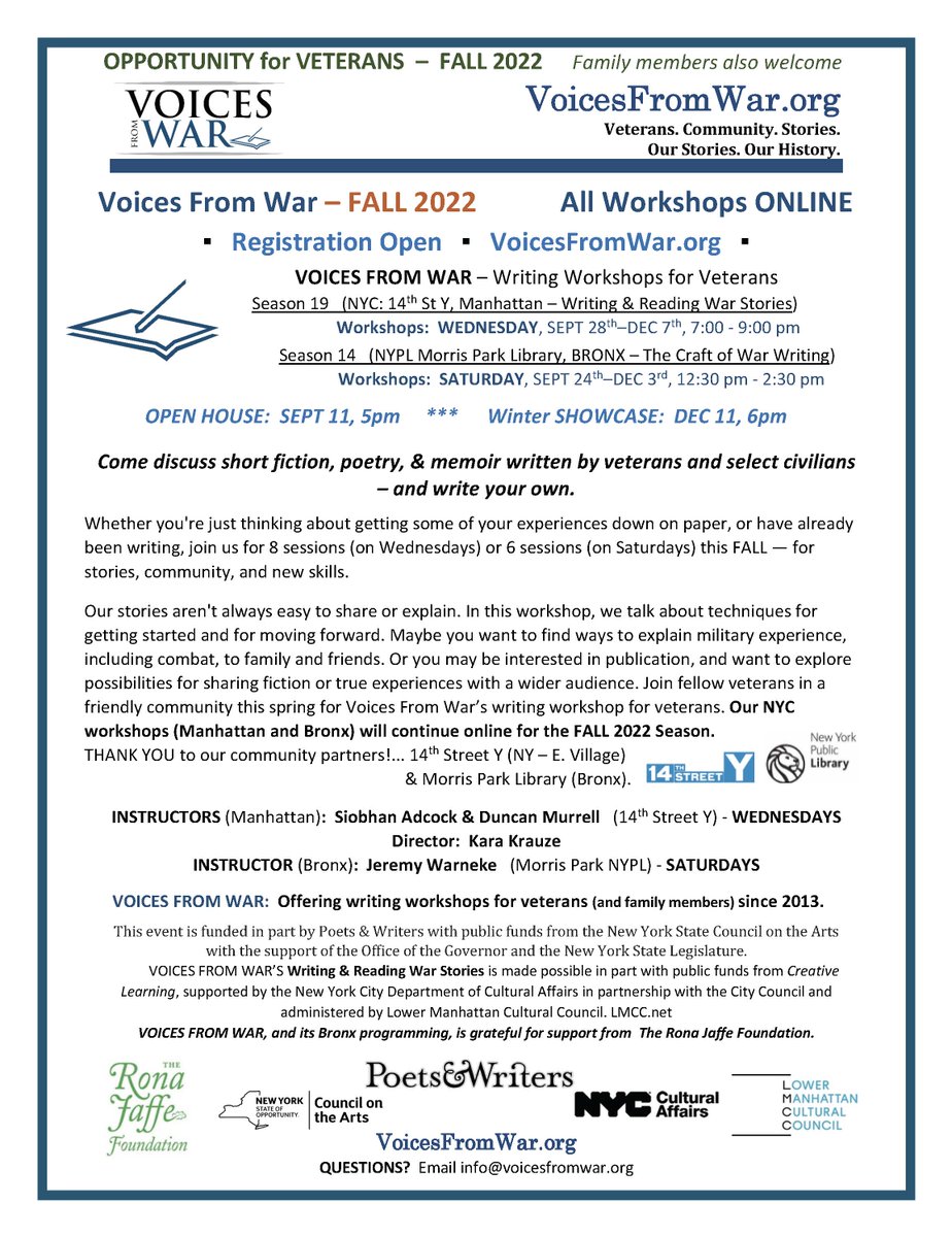 KaraKrauze's tweet photo. Fall OPEN HOUSE &amp; REGISTRATION Open! @voicesfromwar #writing #workshops #veterans #online - https://t.co/dLskhOnHvf - Join us! w/ @KaraKrauze @siobhanster @dv_murrell @JeremyWarneke @craftowarwritin @NYPL @MorrisParkNYPL @LMCC @14StreetY #RonaJaffeFoundation @poetswritersinc https://t.co/RmHR2IbhQI