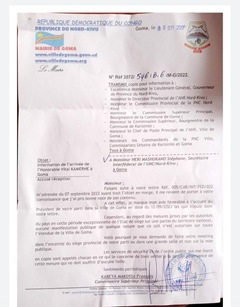 Selon nos sources, le maire de la ville de Goma, interdit l'ancien directeur de cabinet du président Fathi de tenir le meeting dans les jours à venir.