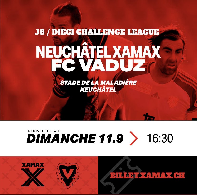 𝗝𝗢𝗨𝗥 𝗗𝗘 𝗠𝗔𝗧𝗖𝗛 ⚽
🆚 FC VADUZ
🕰 16:30
🏟️ Stade De La Maladière
📺 Blue Sport

Horaires exceptionnel car <a href="/fr_vaduz/">Vaduz FR</a> européen à joue ce jeudi en @europacnfleague