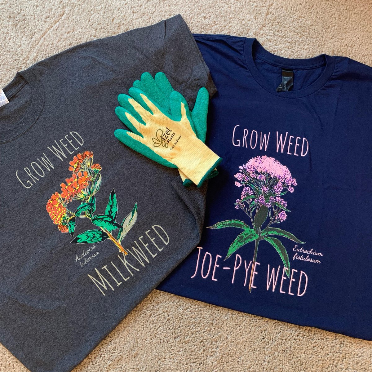 PlanItNative's tweet photo. Our friends at Izel Native Plants sent all this for our Plan It Native attendees! 🌼 Attendees @ Opening Night Kick-Off Monday get these🔥gloves, &amp; tons of swag to fill their swag bag. Prize winners get Grow Weed shirts! Register now @ https://t.co/Mbl5OGu2KI. Code BIRDSANDBEES https://t.co/JvaRLDUiof