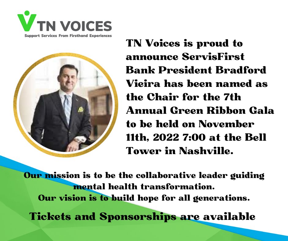 tnvoices's tweet photo. TN Voices announces Bradford Vieira as Chair for the 7th Annual Green Ribbon Gala to be held on November 11, 2022 | 7:00pm  | The Bell Tower
https://t.co/pv7SPIXJau
#wellness #mentalhealthmatters
#mentalhealthsupport
#mentalhealth #tnvoices https://t.co/dGoerqjfDd