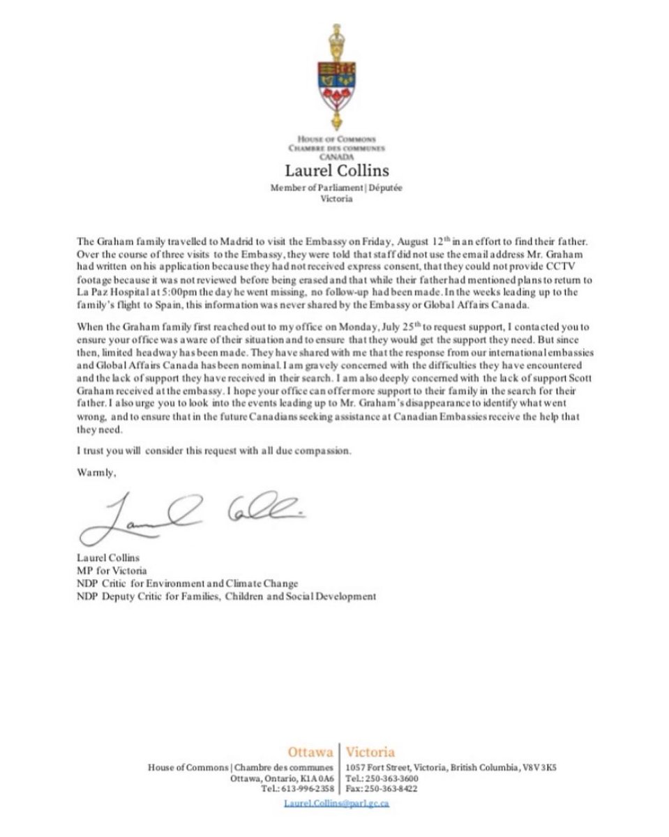 An open letter to MP Mélanie Joly. I am asking her office to provide further insight into Scott Graham’s missing persons case, to both ensure that his family is better supported &amp; to find out what went wrong while he was seeking aid at the Canadian Embassy in Madrid 1/2