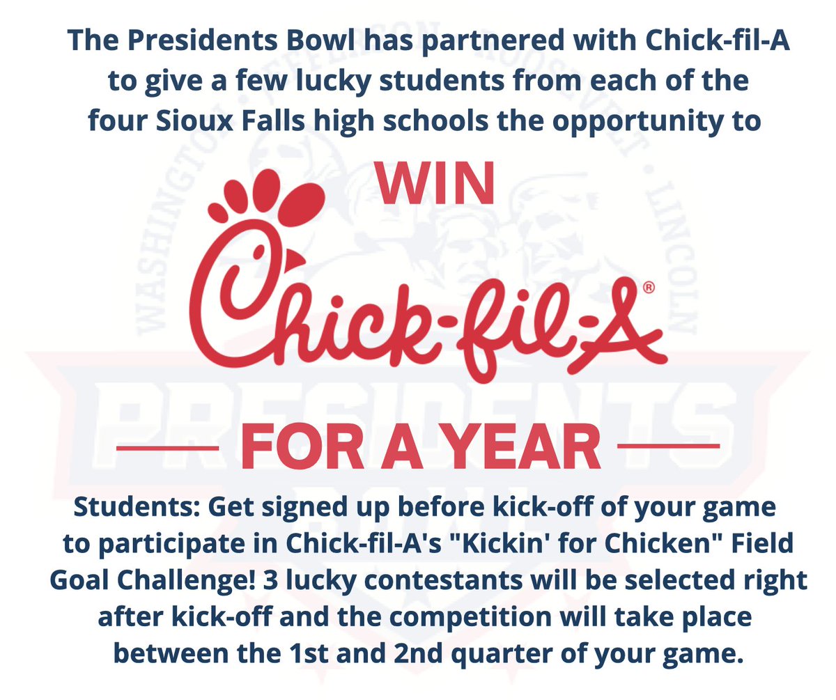 SFPresBowl's tweet photo. ATTENTION STUDENTS! Don't forget to arrive early and get signed up at the Chick-fil-A tent (located just inside the main entrance) BEFORE the kickoff of your game to get entered for the chance to participate in the Chick-fil-A "Kickin' for Chicken" Field Goal Challenge! https://t.co/MBPmZxBmoA