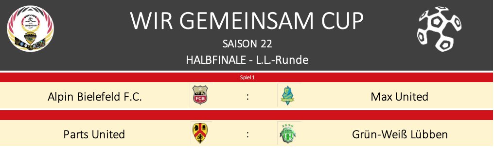 WirGemeinsamCup's tweet photo. 🤝#LLRS22 - Halbfinale🤝 Im Kampf um die goldene Luftpumpe wird es einen neuen Sieger geben, soviel steht schon jetzt fest. Wer setzt sich in den beiden Duellen durch? Alpin Bielefeld F.C. vs. Max United (@ClubWorms) / Parts United vs. @GWLuebben https://t.co/1c10yfGHyy