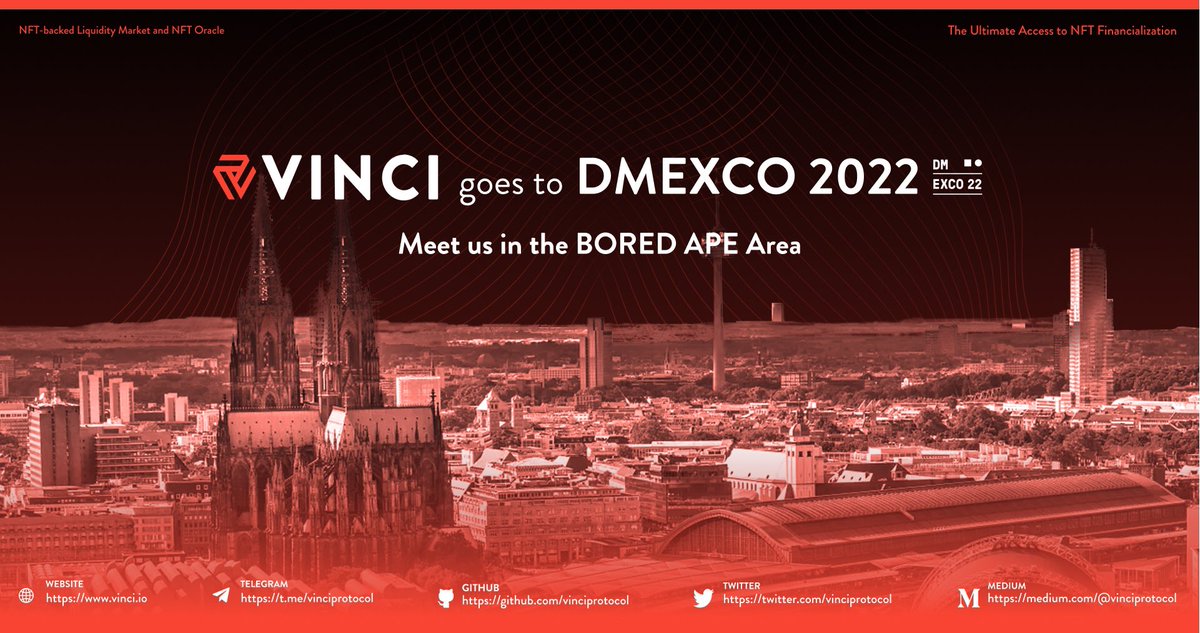 #DMEXCO, Europe’s leading digital marketing &amp; tech event 🚀

📆 September 21 &amp; 22
📍 In Cologne

🔻Our CEO Florian Jersch will be there with other team members to give you some insights on #Vinci. 

Come and visit us at <a href="/dmexco/">DMEXCO</a>, #Boredape area! 👋

#dmexco2022 #NFTs $VCI
