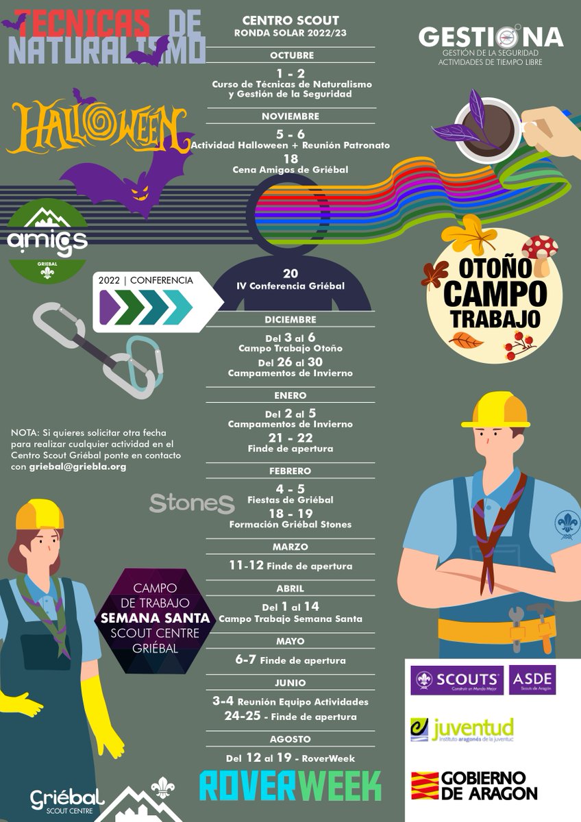 Os adjuntamos el calendario del CENTRO SCOUT GRIÉBAL para la ronda solar 2022-2023, para que podáis contar con las fechas en vuestras reuniones de programación que celebráis durante este mes de septiembre.🏔️🎄🍀🌈
#aventura #servicio #naturaleza #scouts #sobrarbe
