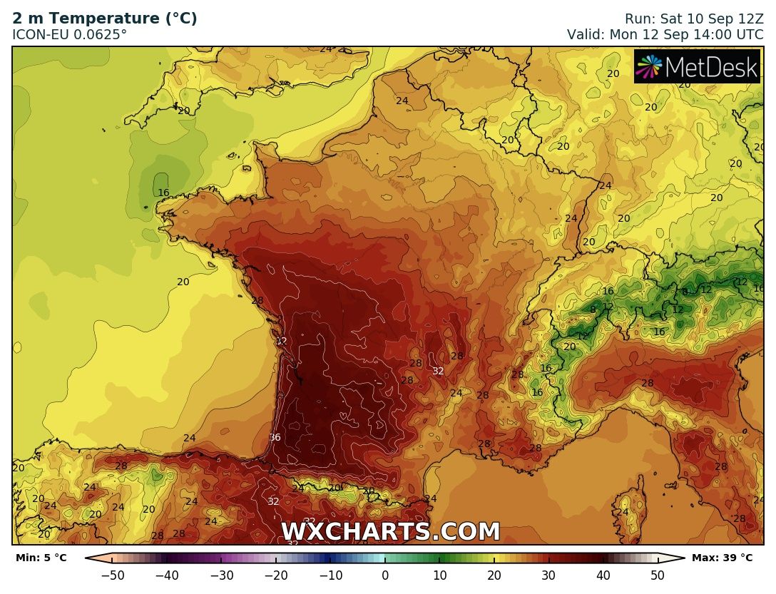 Les températures pourraient localement atteindre voire dépasser les 38°C dans le sud-ouest lundi, selon les dernières modélisations. 
Les records mensuels dans ce secteur se situent souvent entre 37 et 38°C. 