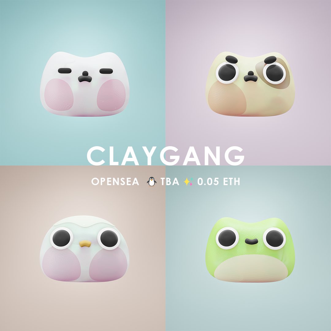 Hi! 💖

My genesis collection #claygang will be live soon on <a href="/opensea/">OpenSea</a>! 

Here’s the most important info:
✺ 100 unique 1/1 #NFTs
✺ Handmade (not generated)
✺ Fully carbon-offset 🐸✨
✺ Slow, ongoing release (made for art lovers, not cashgrabs)

RTs appreciated! Presave in bio!