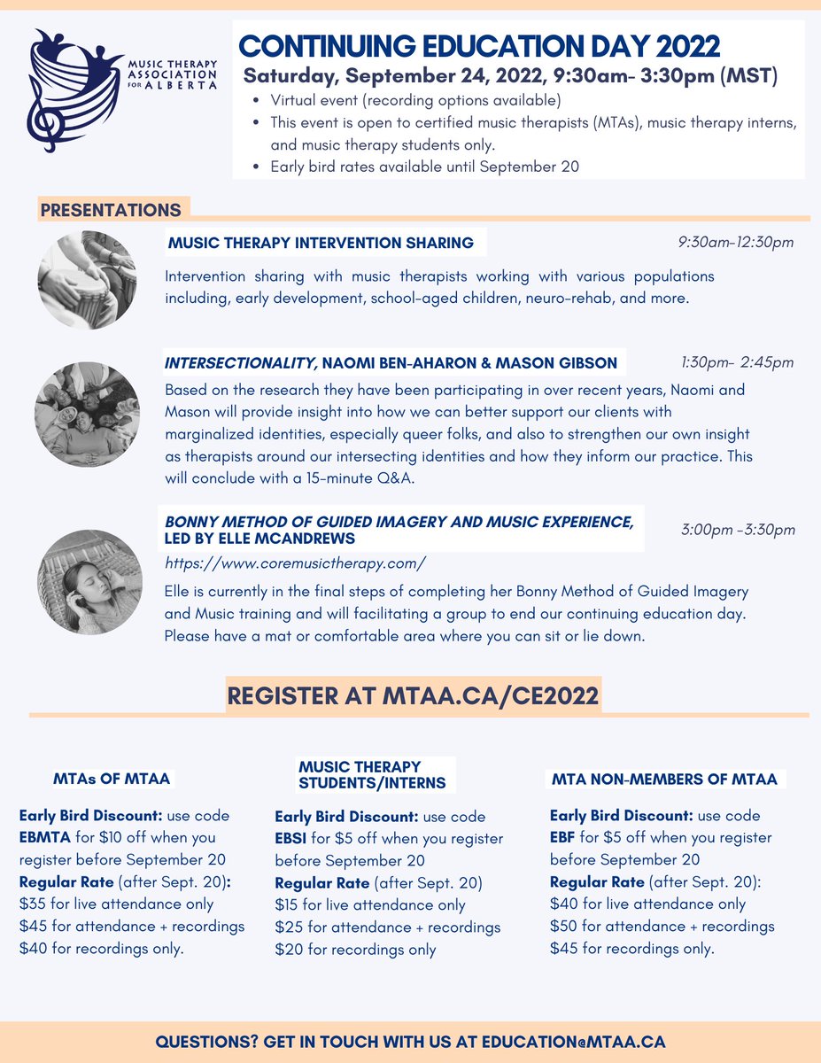 MusicTherapyAB's tweet photo. Join us for our annual CE Day! Early bird rates available until Sept 20. Register at https://t.co/9mJkVt7NTp 

#musictherapy #musictherapist https://t.co/UM6HonG5P9