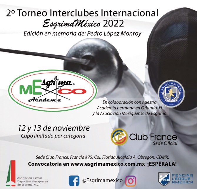 AMIGOS! ESTE SERÁ NUESTRO 2o. TORNEO INTERCLUBES ESGRIMA MEXICO PRIVADO 2022
CON LA PARTICIPACIÓN DE CLUBES DE EU.  
EN MEMORIA DE MI QUERIDO ESPOSO: PEDRO LÓPEZ MONROY 📸 QEPD 
LOS INVITAMOS A DIFUNDIR NUESTRO BELLO DEPORTE DE MANERA DECOROSA Y DIFERENTE. 
SALUDOS!!