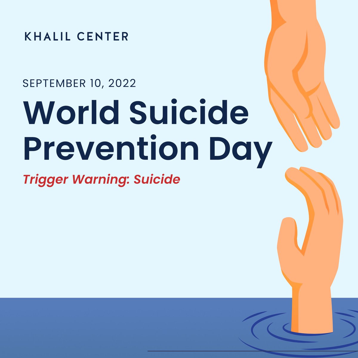 KhalilCenter's tweet image. Today is #WorldSuicidePreventionDay, an opportunity to break the stigma on mental health, help others in crisis, and take action in preventing suicide. 

The campaign slogan is “Creating Hope Through Action.”