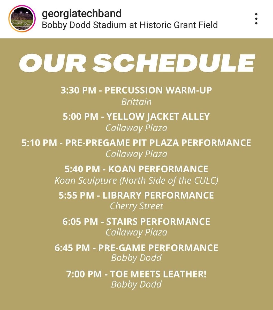 gtbaa's tweet photo. Check out the Band's schedule for today's game! https://t.co/VqUXazLd3y