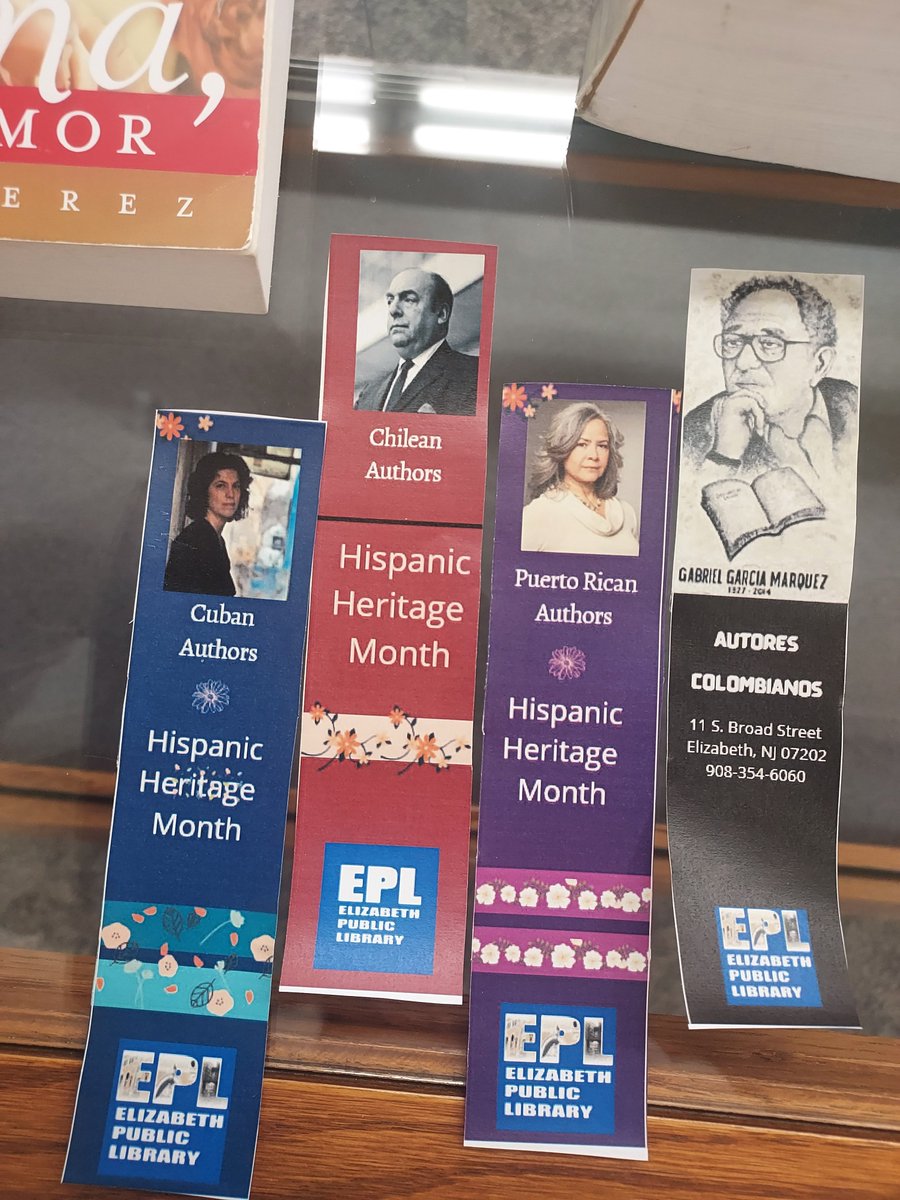 EPLNJ's tweet image. Come to the Library and celebrate Hispanic Heritage Month by checking out our Spanish Language Collection and take a one of our bookmarks, too.
#HispanicHeritageMonth #LatinxAuthors