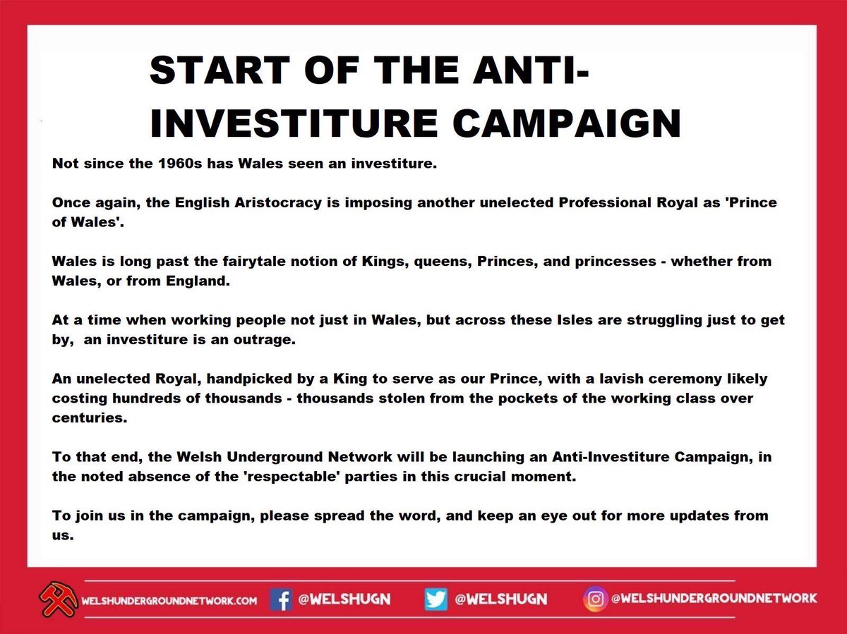 START OF THE ANTI-INVESTITURE CAMPAIGN 🏴󠁧󠁢󠁷󠁬󠁳󠁿

We will be campaigning against the investiture of the so called “Prince of Wales”. Keep an eye out on our socials for more updates in the near future 
fb.me/e/3qHoAVEI8