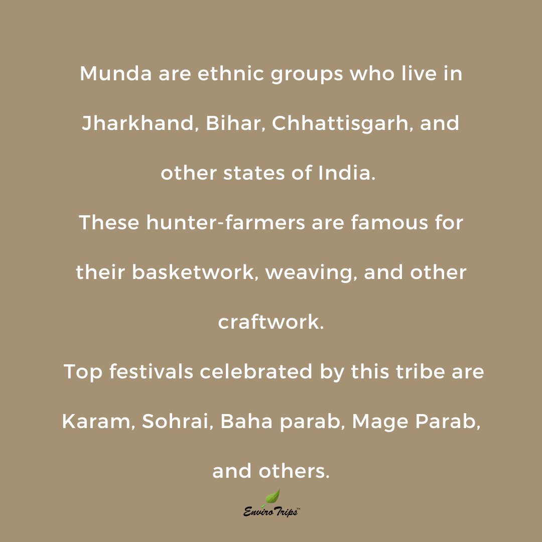 ENVIRO_TRIPS's tweet photo. MUNDA TRIBE:

• The religion of the clan is derived from Hinduism and they pray to the sun God.

• Marriages take place as a week-long celebration.

• According to historians, the language of Munda people is more than 3500 years old.

#munda #mundaculture #mundatribe #tribe https://t.co/gxatNVPZI0