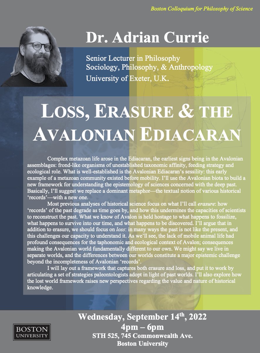Excited to welcome philosopher of historical sciences Adrian Currie (U Exeter) to <a href="/BUCPHS/">Center for Philosophy & History of Science @ BU</a> to give a talk this Wednesday (Sept 14) at 4pm on "Loss, Erasure, &amp; the Avalonian Ediacaran" (see poster for further details &amp; stop by if you are in town)