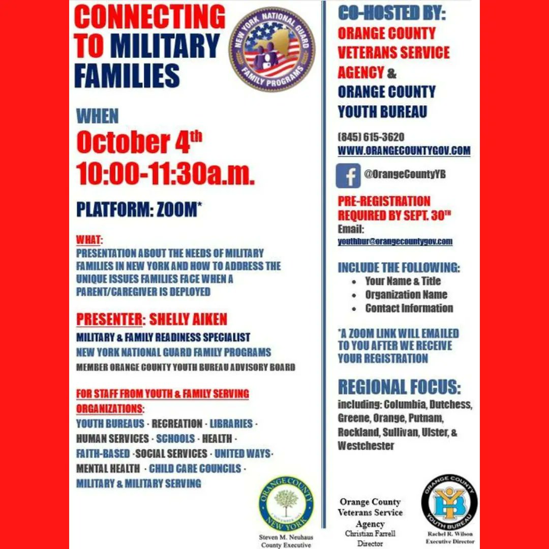MHAinOC's tweet photo. REGIONAL PRESENTATION for Community-Based Organizations to better Connect with Military Families will take place on October 04, 2022, from 10:00Am-11:30AM. Orange County Youth Bureau 

DIAL 311 or 1-800-832-1200 to connect with trained counselors. https://t.co/tIzo2xuT4W