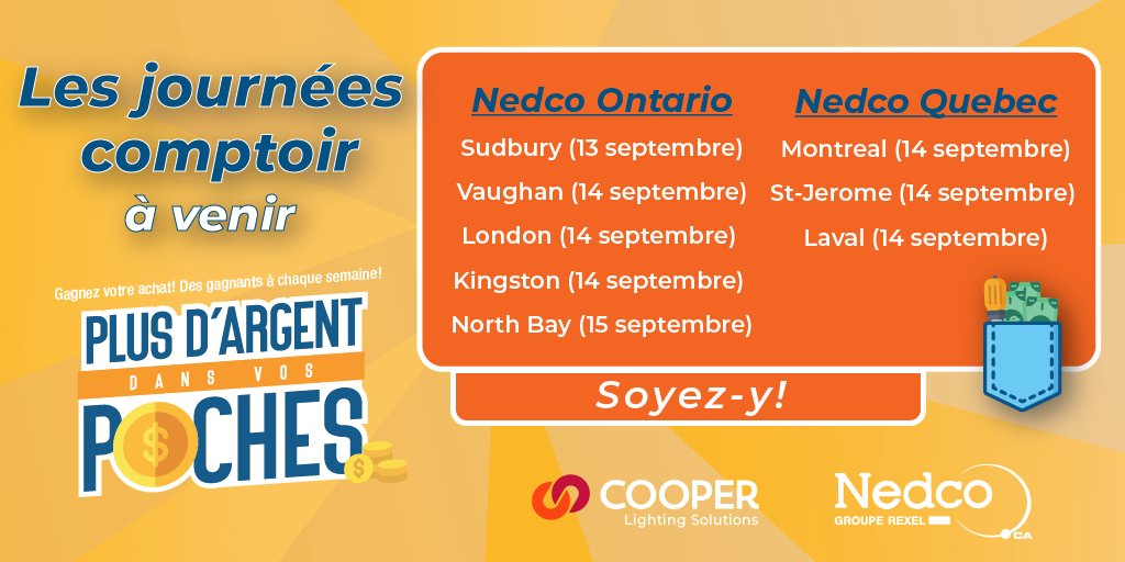 Nedco_Canada's tweet image. Mark your calendar!! Upcoming Counter Days with Cooper Lighting Solutions!
:
:
Les journées comptoir à venir 

#nedco #cooperlightingsolutions #miyp #counterdays #branch #electrcians
