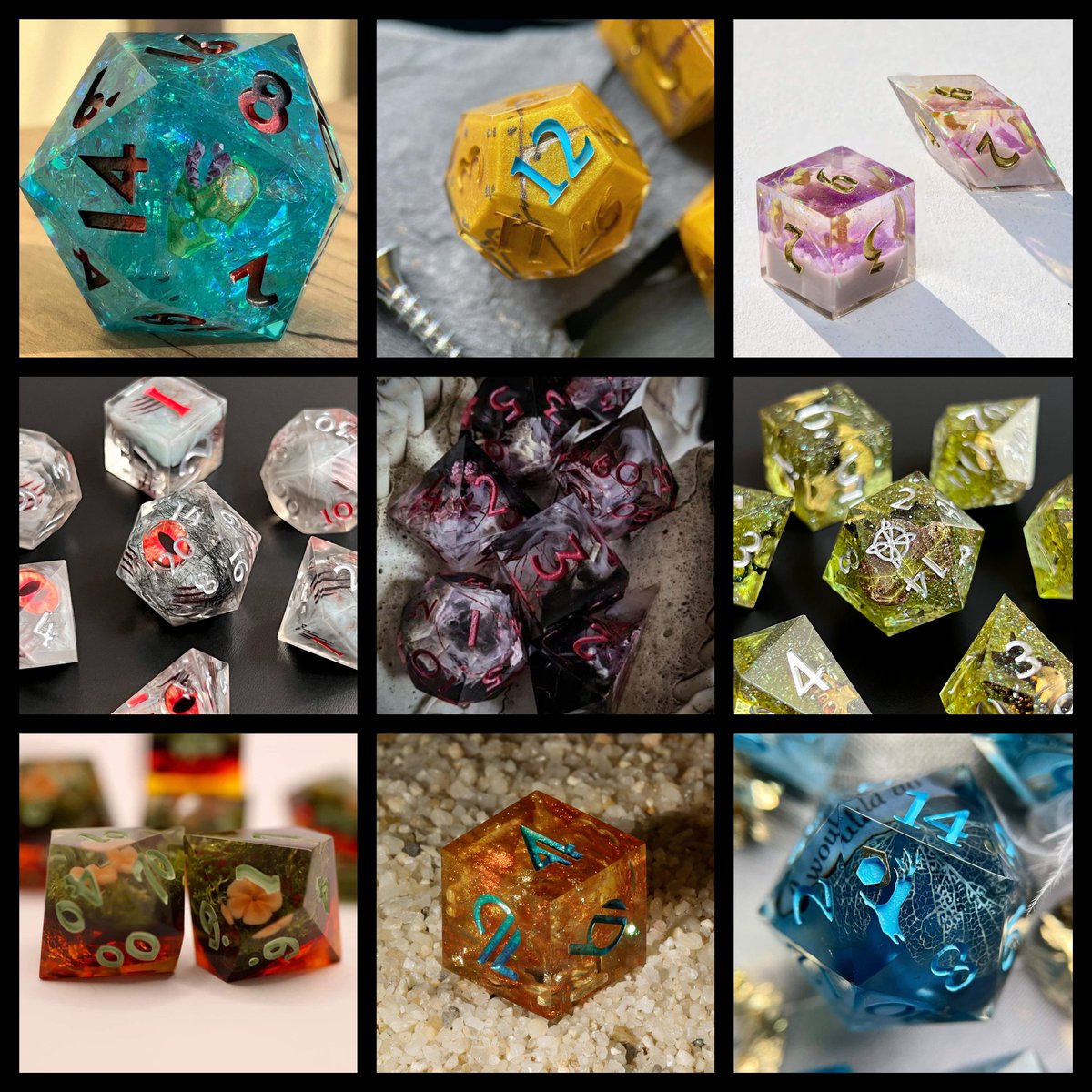 DisruptrDice's tweet photo. FULL PROJECT REVEAL! An artist Collab to give back to the @CriticalRole Crew for all that they do to enrich the TTRPG community. Each design is based on Campaign 3 characters/roles -- can you match them all? #CriticalRole #CriticalRoleFanArt #dnd #dnd5e #DicePorn #handmadedice https://t.co/pGpjNdKiTz