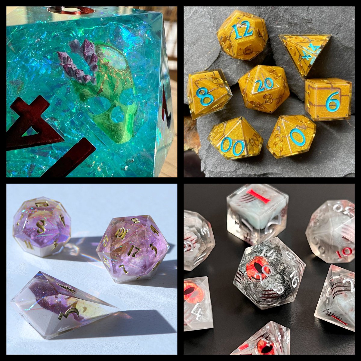 DisruptrDice's tweet photo. FULL PROJECT REVEAL! An artist Collab to give back to the @CriticalRole Crew for all that they do to enrich the TTRPG community. Each design is based on Campaign 3 characters/roles -- can you match them all? #CriticalRole #CriticalRoleFanArt #dnd #dnd5e #DicePorn #handmadedice https://t.co/pGpjNdKiTz