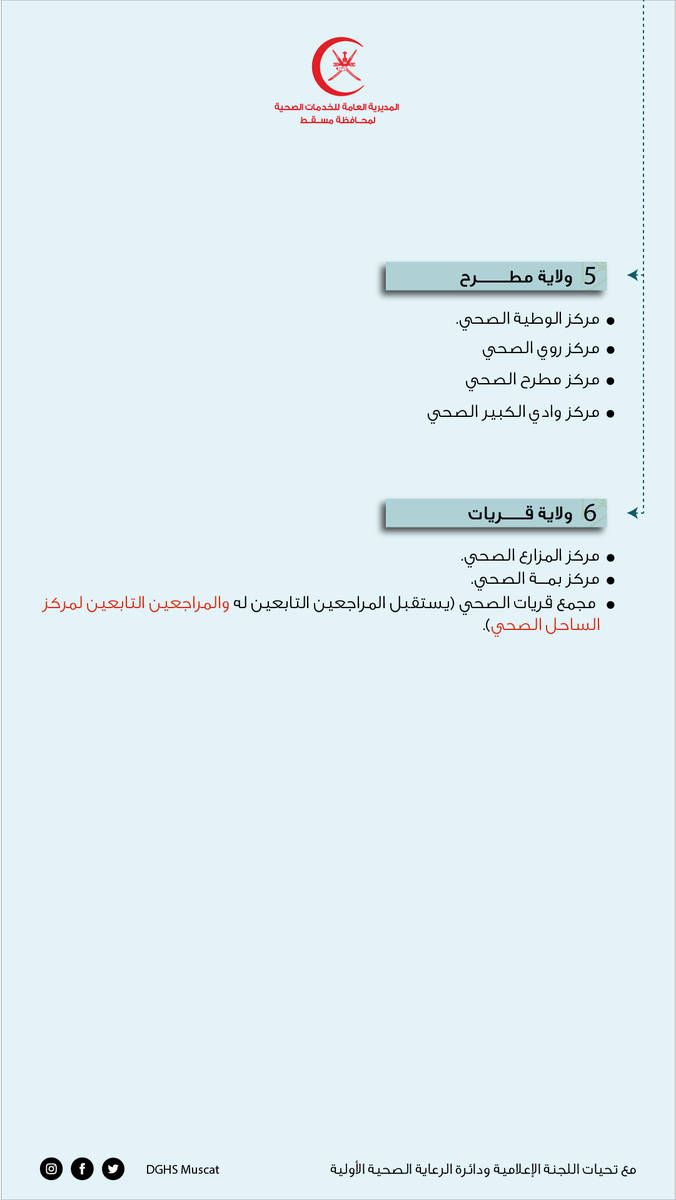 dghs_muscat's tweet photo. تعلن المديرية العامة للخدمات الصحية لمحافظة مسقط عن تحديث أوقات عمل المراكز الصحية بالمحافظة . بحيث ستكون جميع المراكز مفتوحة لفترتين عدا مركز الساحل الصحي فإنه سيكون مفتوح لفترة واحدة فقط.. وذلك ابتداءً من يوم غدٍ الأحد ١١ سبتمبر ٢٠٢٢ م . 
@OmaniMOH
#صحية_مسقط
#وعيك_وقاية https://t.co/uOK8V7QndG